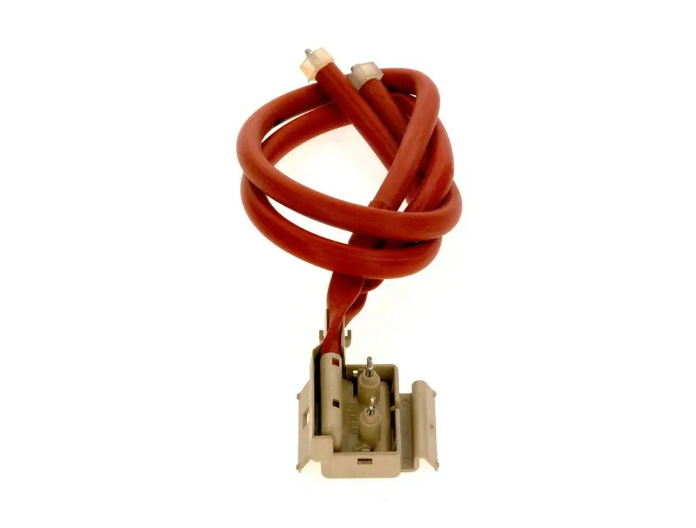 Zündkabel in rot mit zweipoligem Anschluss, hergestellt von Bosch. Kabel sind aufgerollt und enden in einer Verbindungseinheit mit zwei Metallklemmen.